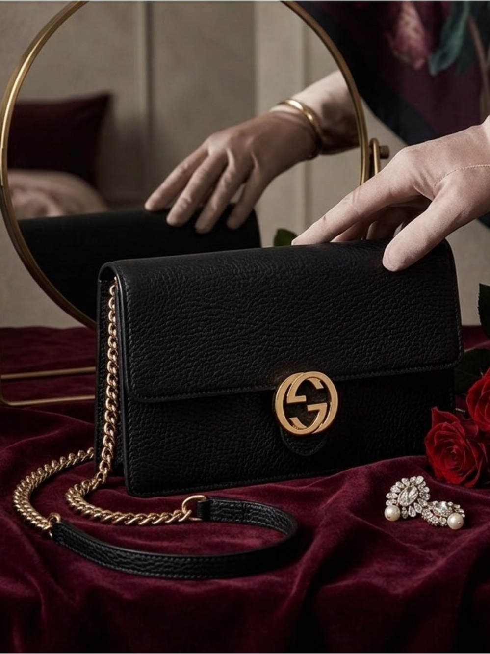 Gucci Black Pebbled Leather Crossbody Bag with Gold Double G Emblem